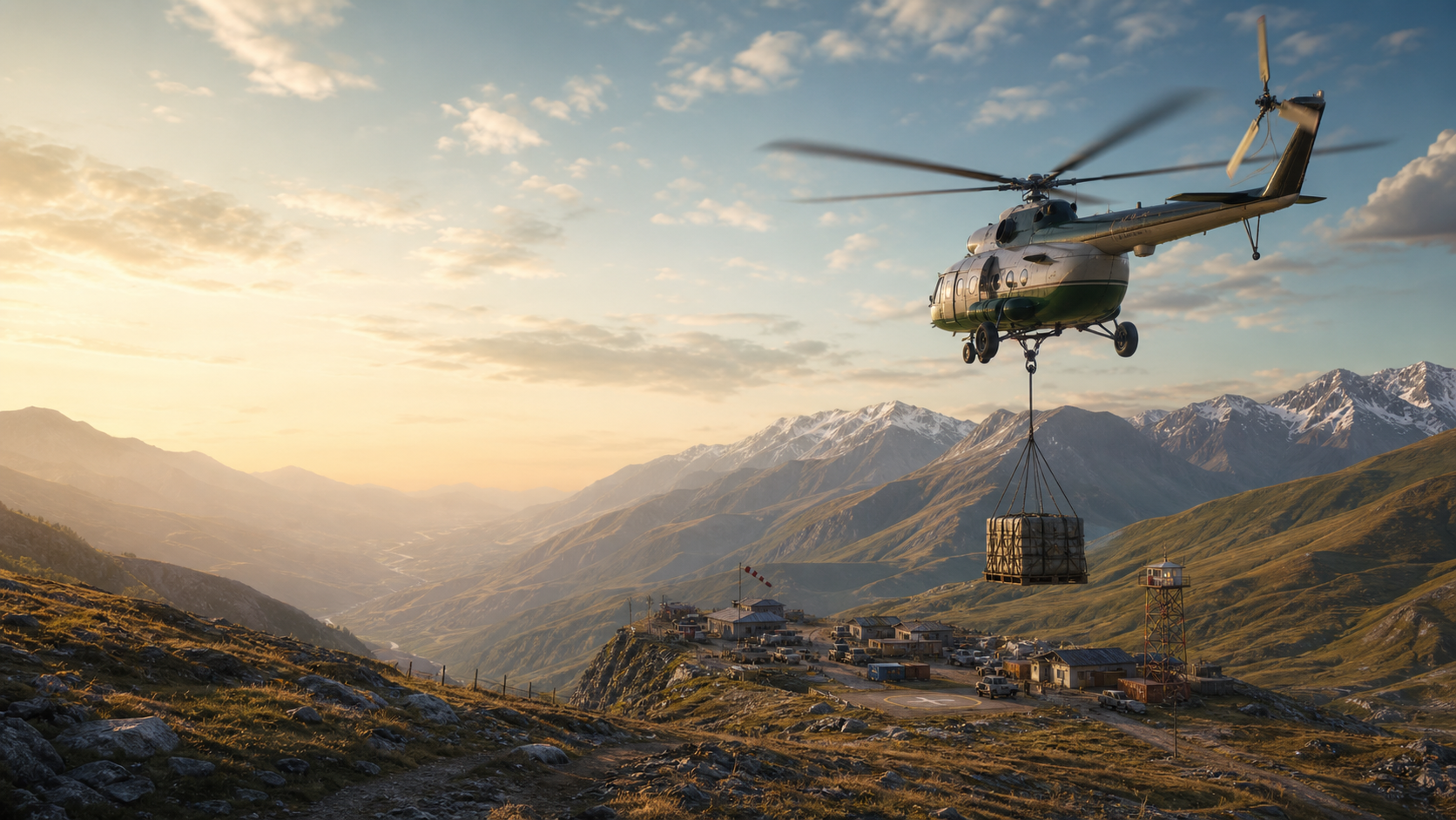 A helicopter carrying supplies through the mountains.