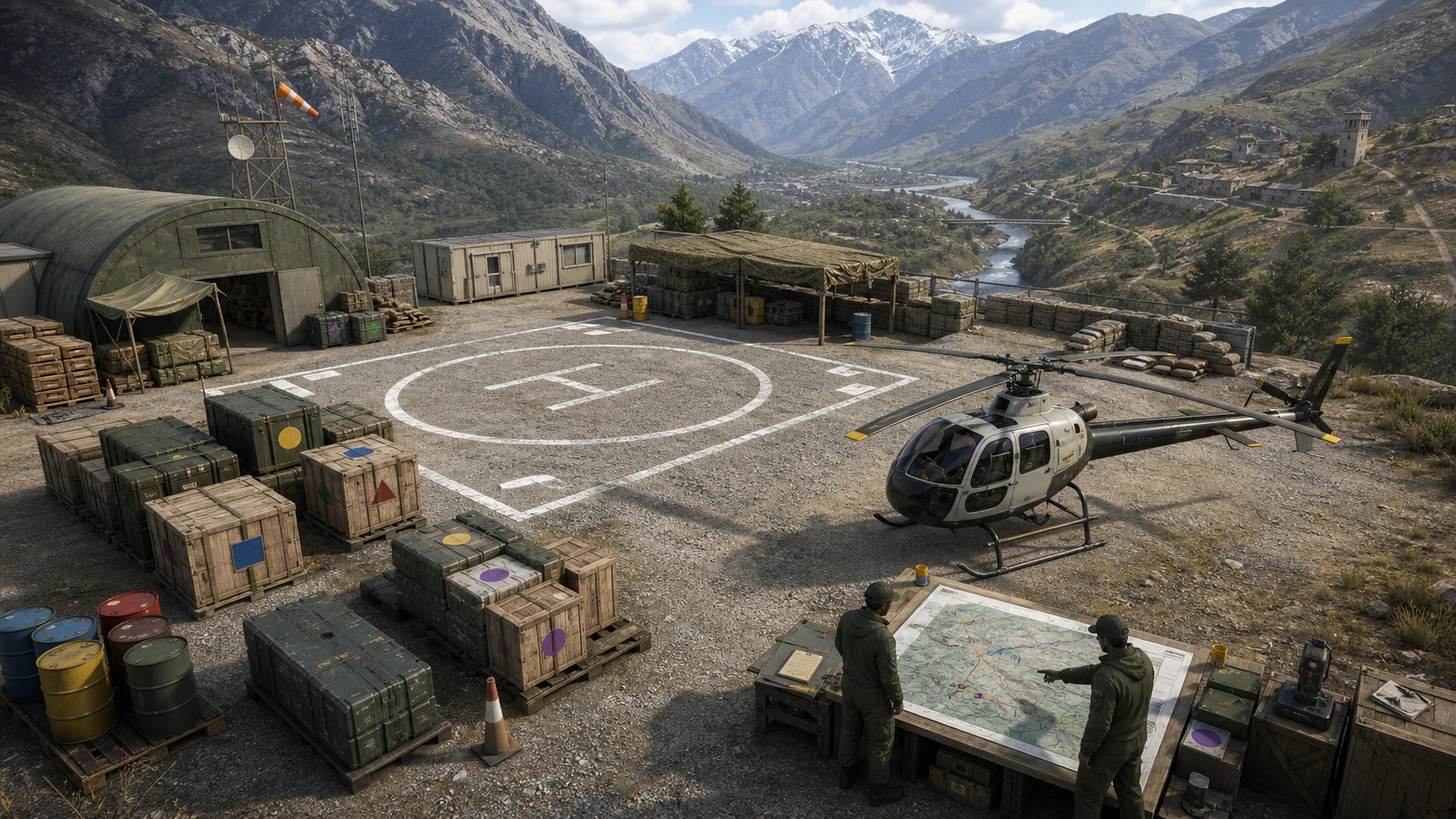 A helicopter logistics hub with cargo crates and a planning map.