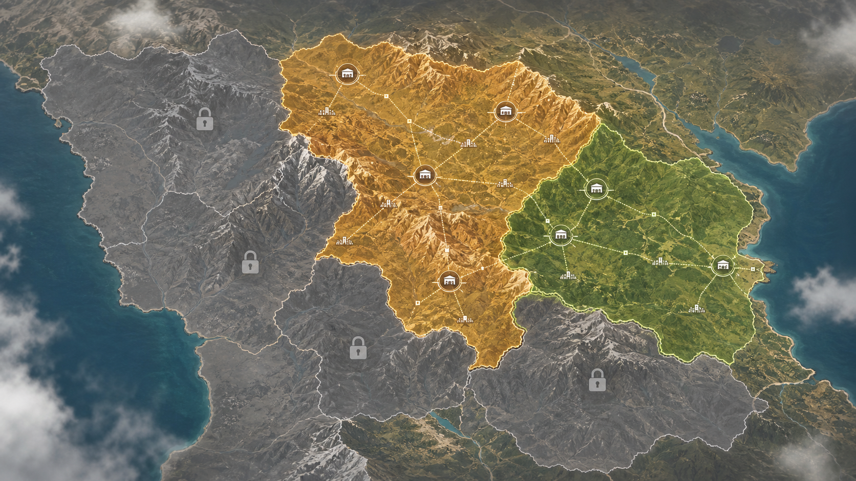A regional progression map with active and locked areas.